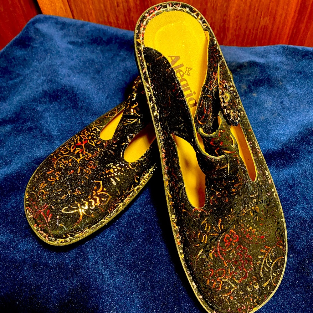 Women’s - Alegria Clogs, Size 40 EU / 9-9.5 US, Black with gold and pink accents